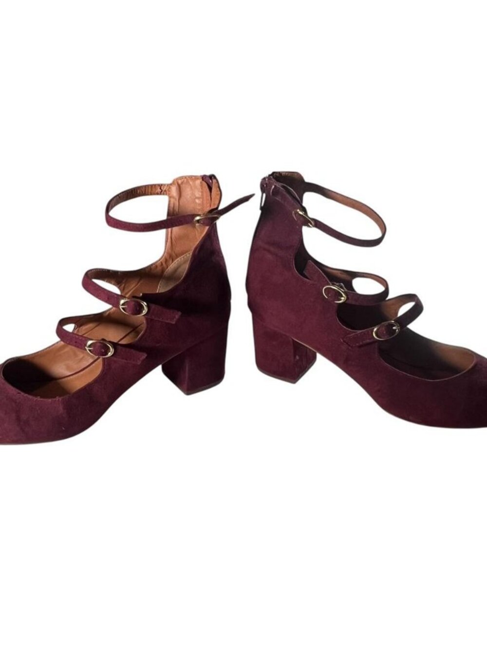 Burgundy Suede Multi Strap Mary Jane Heels